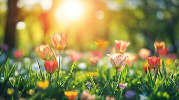 ai generiert schließen oben von Frühling Blumen mit Grün Gras auf verwischt Licht Hintergrund, Frühling Hintergrund zum Banner oder Karte foto