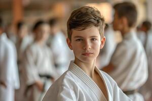 ai generiert Porträt von Junge im traditionell Kleider Ausbildung erfahren Karate Kämpfer Verein kriegerisch Kunst im das Ausbildung Zimmer mit das Teilnehmer im das Hintergrund foto