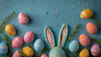 ai generiert Reihe von gemalt Ostern Eier auf Blau Hintergrund foto