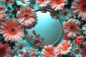 ai generiert kreisförmig Spiegel umgeben durch Rosa und Weiß Blumen foto