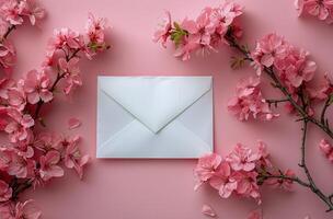 ai generiert Weiß Briefumschlag umgeben durch Rosa Blumen auf Rosa Hintergrund foto