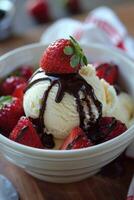 ai generiert ein verlockend Foto von ein Scoop von cremig Vanille Eis Creme, gekrönt mit frisch Erdbeeren und ein Nieselregen von Schokolade Soße