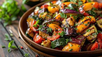 ai generiert ein gegrillt Gemüse Salat, mit verkohlt Glocke Pfeffer, Zucchini, und Aubergine, geworfen im ein Knoblauch Kraut Dressing foto