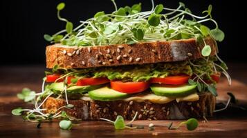 ai generiert ein Vegetarisch Sandwich, mit Scheiben von Avocado, Gurke, Glocke Pfeffer, und Sprossen auf ganze Korn Brot foto