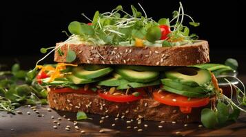 ai generiert ein Vegetarisch Sandwich, mit Scheiben von Avocado, Gurke, Glocke Pfeffer, und Sprossen auf ganze Korn Brot foto