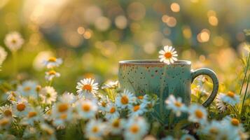 ai generiert ein Kaffee Tasse umgeben durch Gänseblümchen, präsentieren das Schönheit von Frühling Blumen foto