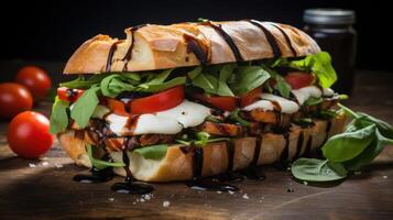 ai generiert ein Caprese Sandwich, mit frisch Mozzarella, reif Tomaten, Basilikum Blätter, und Balsamico Glasur auf Ciabatta Brot foto