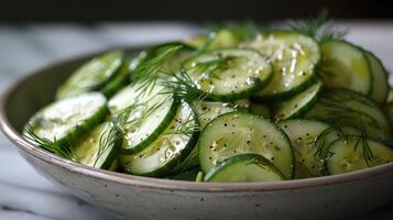 ai generiert ein Gurke Dill Salat, präsentieren knackig Gurke Scheiben, scharf griechisch Joghurt foto