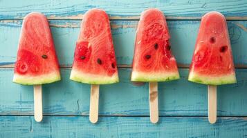 ai generiert Wassermelone Scheibe Eis am Stiel angezeigt auf ein rustikal Blau Holz Hintergrund foto