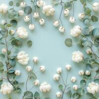 ai generiert Baumwolle Blumen und Eukalyptus Geäst vereinbart worden auf ein Pastell- Blau Hintergrund foto