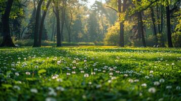 ai generiert Park gefüllt mit Löwenzahn, üppig Grün Gras, Blühen Blumen, und hoch Bäume foto