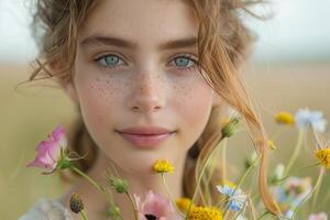 ai generiert Porträt von ein süß wenig Mädchen im ein Feld mit Wildblumen, Sommer- Stimmung foto