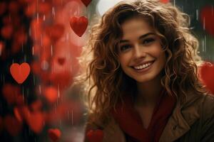 ai generiert jung lächelnd Frau unter das Regen von Herzen, Liebe, Valentinstag Tag foto