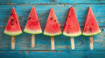 ai generiert Wassermelone Scheibe Eis am Stiel angezeigt auf ein rustikal Blau Holz Hintergrund foto