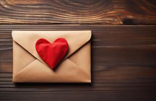 ai generiert ein Briefumschlag mit rot Herz Aufkleber auf ein hölzern Hintergrund foto