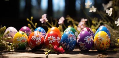 ai generiert ein Gruppe von farbig Ostern Eier Verbreitung über das Holz foto