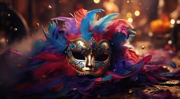 ai generiert ein Karneval Maskerade Maske mit bunt Gefieder und baumeln Gefieder foto