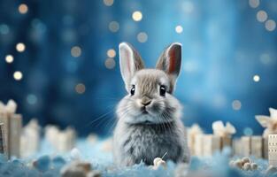 ai generiert ein Ostern Hase auf ein Blau Platz Hintergrund foto