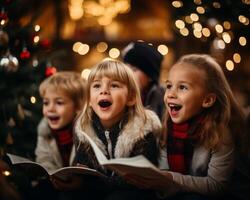 ai generiert heiter Kinder singen Weihnachtslieder auf das Straße foto