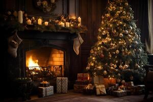 ai generiert schön Weihnachten Baum im ein gemütlich Zimmer in der Nähe von das Kamin und Geschenke foto