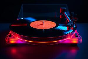 ai generiert Drehscheibe spielen Vinyl mit rot und Blau Licht foto