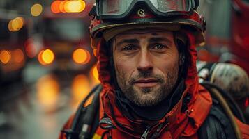 ai generiert Porträt von ein müde Feuerwehrmann Stehen im Vorderseite von Feuer Lastwagen. foto