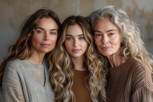 ai generiert Porträt von drei Generationen von Frauen mit blond lockig Haar suchen beim Kamera foto