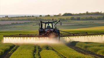 ai generiert ein Traktor mit ein Bewässerung System bewässert das Felder foto