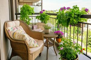 ai generiert gemütlich Terrasse Balkon, Sitzplätze Bereich mit Korbweide Möbel und viele Pflanzen foto