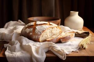 ai generiert frisch gebacken rustikal Brot auf ein Serviette auf ein hölzern Hintergrund foto