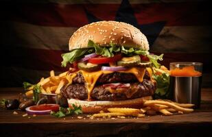 ai generiert Burger mit ein amerikanisch Flagge amerikanisch Flagge foto