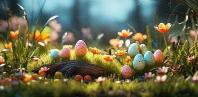 ai generiert Ostern Eier, Blume und Gras im Gras, auf hölzern Tabelle Hintergrund foto