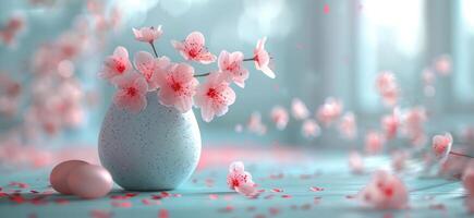 ai generiert Ostern Ei im ein Tasse mit Rosa Blumen foto