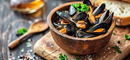 ai generiert Muscheln sind gekocht im Eintopf mit Brot und Zwiebeln auf hölzern Tabelle foto