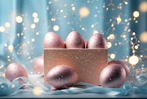 ai generiert Ostern Eier im ein Blau Box mit glitzernd golden Konfetti foto