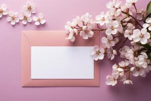 ai generiert ein Geschenk Briefumschlag mit Blumen auf ein Rosa Hintergrund foto
