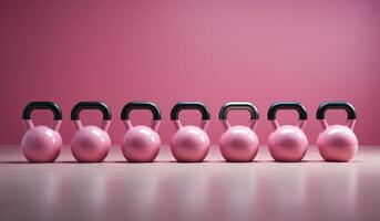 ai generiert ein Gruppe von Rosa Kettlebells auf ein Tabelle mit ein Rosa Mauer foto