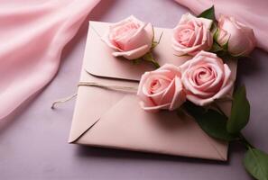 ai generiert Geschenk verpackt Rosa Briefumschlag mit Rosen Innerhalb foto