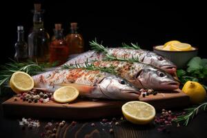 ai generiert frisch Fisch im Knoblauch und Zitrone auf ein Tafel mit Gewürze auf ein dunkel Hintergrund foto