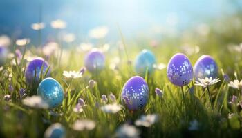 ai generiert etwas dekoriert Ostern Eier im ein Grün Feld foto