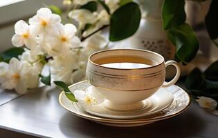 ai generiert Tee mit Blumen auf Tisch, im das Stil von neutral Farben foto