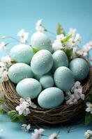 ai generiert mehrere Ostern Eier und Körbe Sitzung im ein Kreis auf ein Blau eben Oberfläche foto