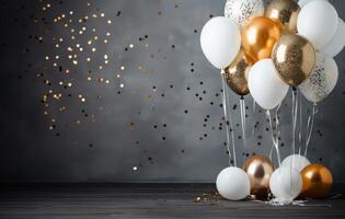 ai generiert Weiß und Gold Luftballons mit Sterne und Konfetti foto
