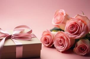 ai generiert Valentinsgrüße Tag Karte, Rose und Geschenk auf ein Rosa Hintergrund foto