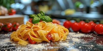 ai generiert klassisch Pasta auf Küche Hintergrund. Diät und Essen Konzept. foto