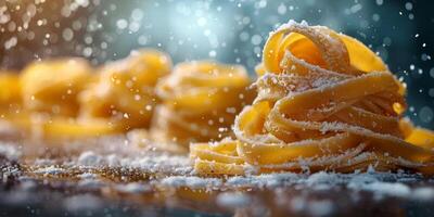 ai generiert klassisch Pasta auf Küche Hintergrund. Diät und Essen Konzept. foto