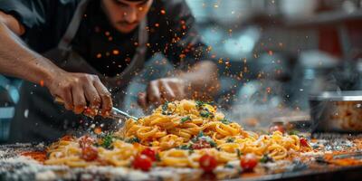 ai generiert klassisch Pasta auf Küche Hintergrund. Diät und Essen Konzept. foto