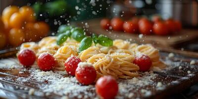 ai generiert klassisch Pasta auf Küche Hintergrund. Diät und Essen Konzept. foto