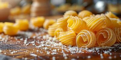 ai generiert klassisch Pasta auf Küche Hintergrund. Diät und Essen Konzept. foto