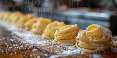 ai generiert klassisch Pasta auf Küche Hintergrund. Diät und Essen Konzept. foto